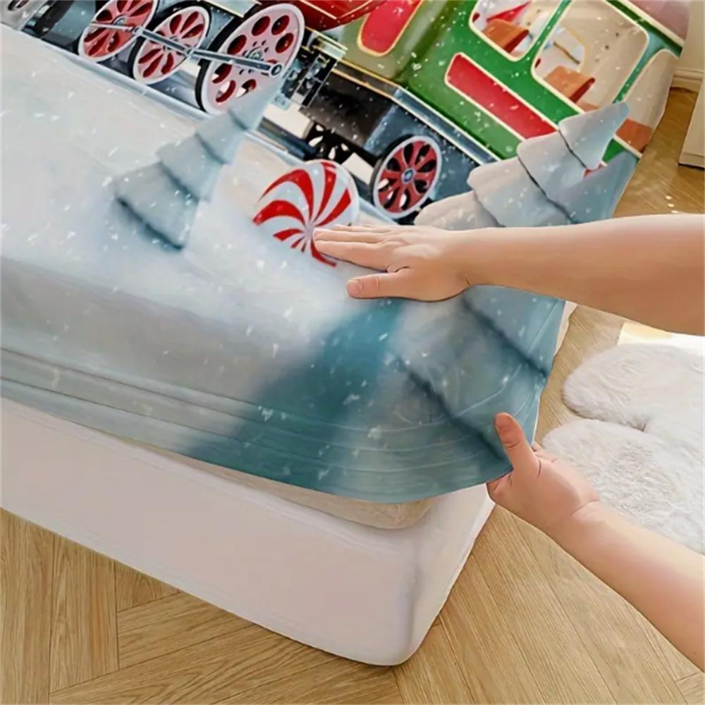 3pcs Christmas Train & Snow Scene Bedding Set - Soft, Breathable Fitted Sheet and Pillowcases for All Seasons, Machine Washable