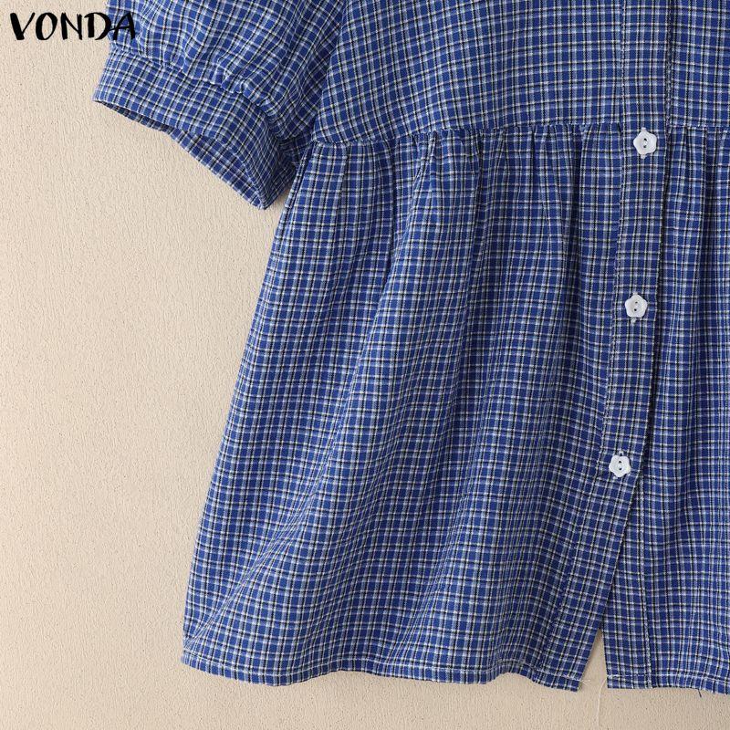 VONDA Женские блузки топы в клетку с кукольным воротником и пышными рукавами на пуговицах