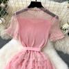 Nomikuma French Women Sweet Mesh Cake Dress Tie Up Waist Slimming Mid Length Elegant Long Cake Dresses 2024 Summer New Vestidos