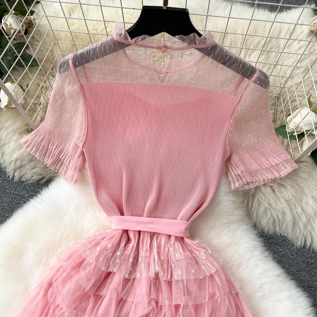 Nomikuma French Women Sweet Mesh Cake Dress Tie Up Waist Slimming Mid Length Elegant Long Cake Dresses 2024 Summer New Vestidos