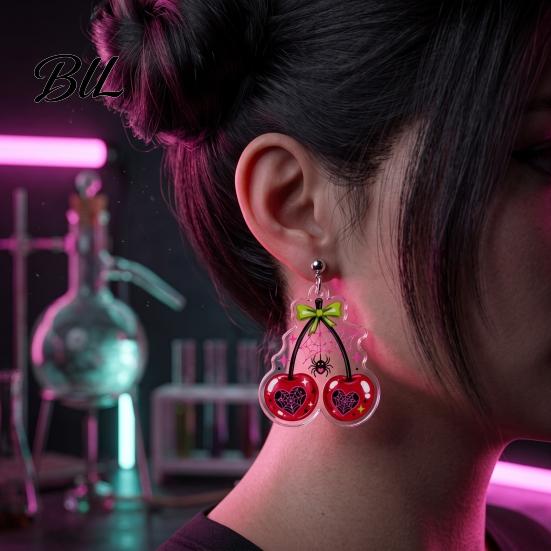 Dark Style Pendant Earrings 1 Pair Acrylic Cherry for Women, 2D Fruit Dangle Drop Halloween Party Jewelry with Spider Web And Bow, Punk Goth Aesthetic