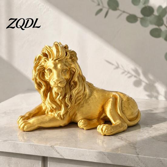 Modern Desktop Ornament Golden Lying Lion Resin Figurine, 3D Printed Recumbent Statue, Sophisticated Entrance Decor Sculpture for Office Desk