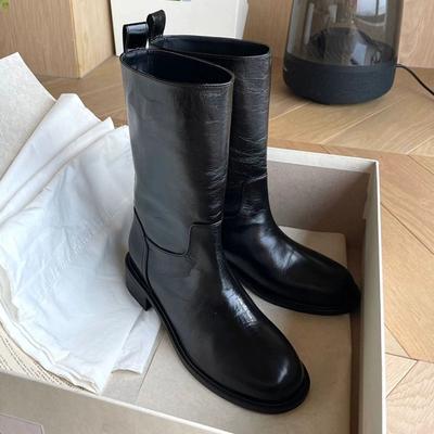 Модные осенне-зимние женские полусапоги до середины икры, женские туфли слипоны с круглым носком, уличный стиль, мотоциклетные боты для женщин