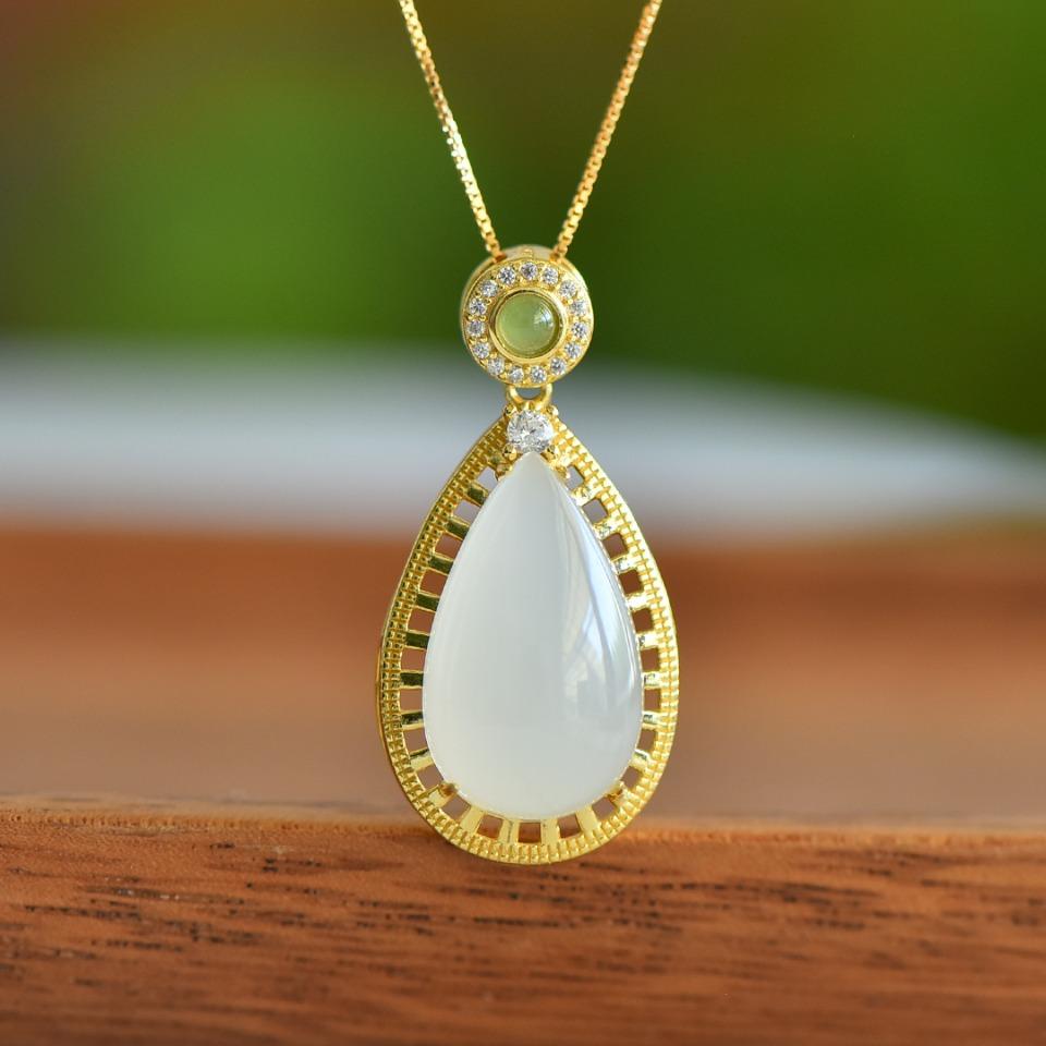 Hotan Jade S925 Silver Inlaid White Jade Water Drop Pendant Necklace