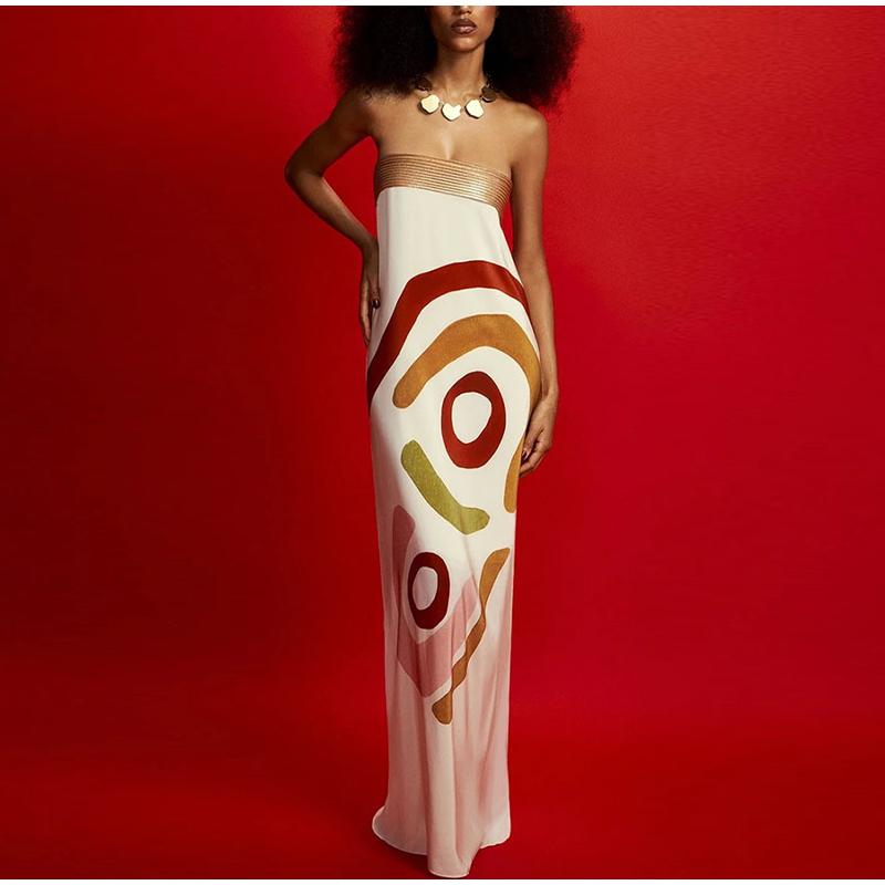 Elegant Slim Sleeveless Patchwork Long Dresses Fashion High Waisted Satin Wrap Hips Dresses Sexy Strapless Print One Piece Dress