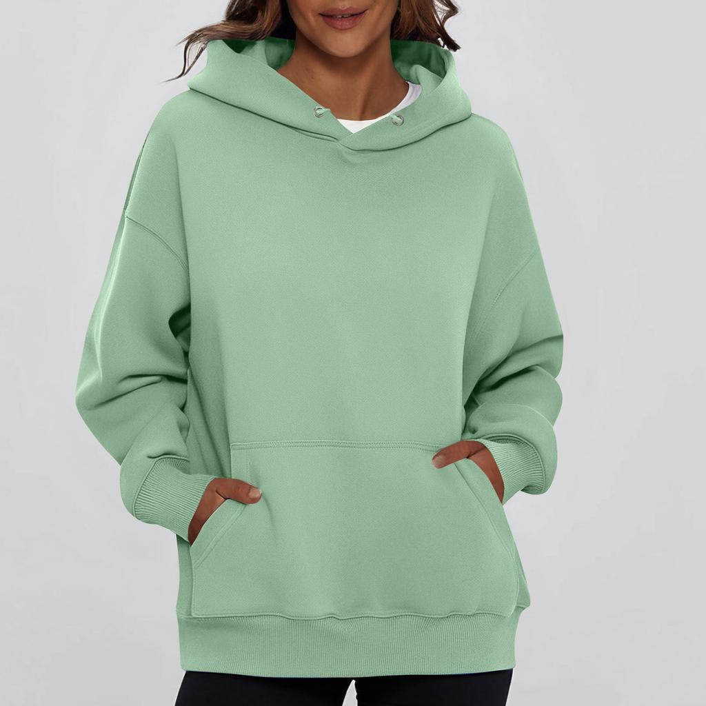 Ladies' Fashionable Solid Color Casual Hooded Pocket Long Sleeved Sweatshirt