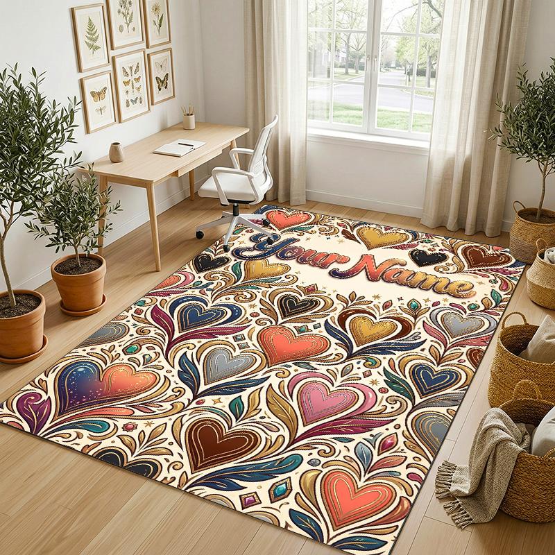 Heart Theme Soft Crystal Velvet Rug Custom Name & Text Print Non Slip Floor Rug for Bedroom Living Room