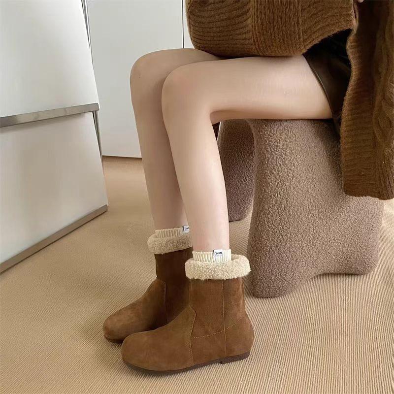 Female Shoes On Sale 2024 Sleeve Women's Boots Winter Suede Round Toe Solid Short Barrel Flat Snow Boots Zapatos De Mujer