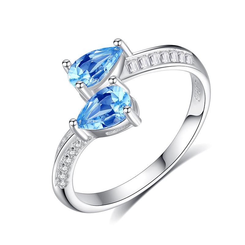 Women's S925 Sterling Silver Droplet Natural Crystal Adjustable Open Ring Garnet Topaz Jewelry