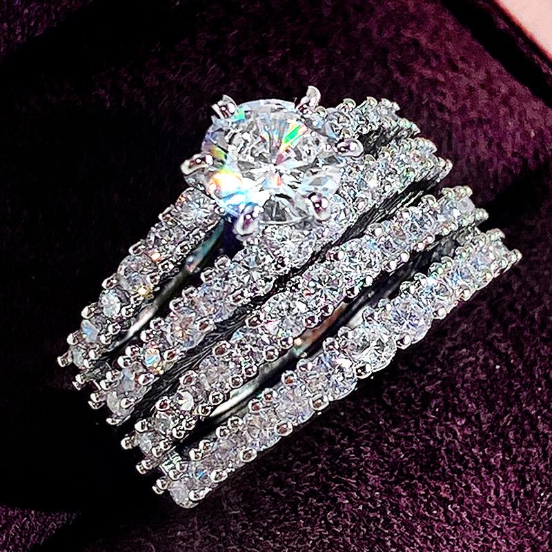 Trends 3Pcs Set Wedding Rings for Women Full Bling Iced Out Cubic Zirconia Crystal Rings Engage Fashion Luxury Jewelry