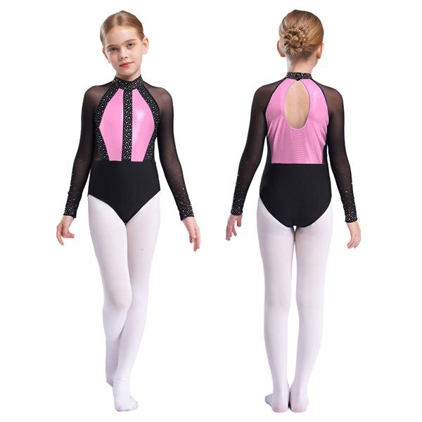 Kids Figure Skating Dress Shiny Rhinestone Ballet Lyrical Dance Costume Rhythmic Gymnastics Leotard Athletic Bodysuit