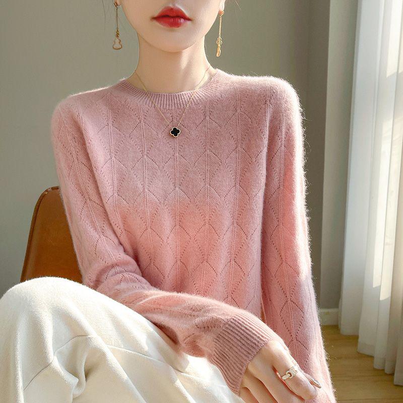Осень-зима женские вязаные свитера с круглым вырезом, ажурный пуловер, свитер, трикотаж, длинный рукав, однотонные простые свитера