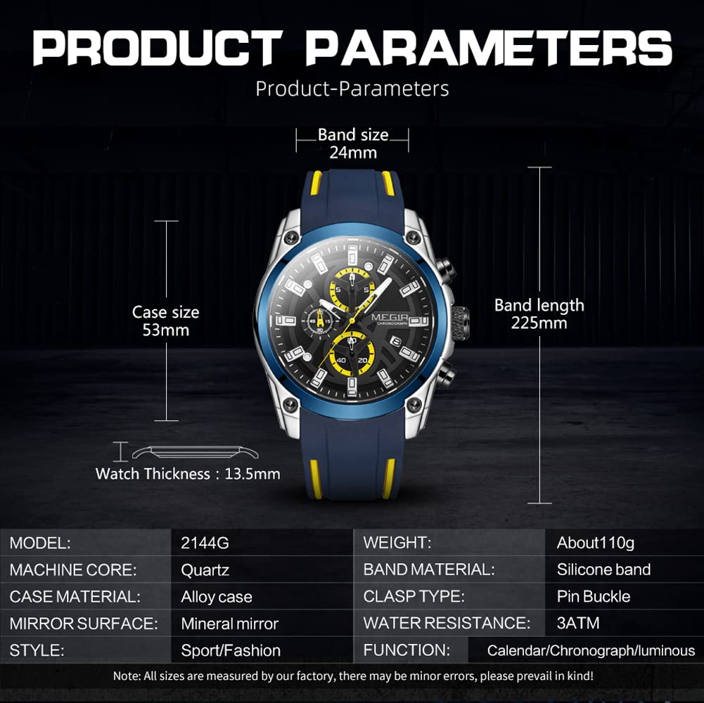 MEGIR спортивные часы модные хронограф водонепроницаемые кварцевые повседневные наручные часы с датой для мужчин с силиконовым синим мужским ремешком, желтый. , 2021.