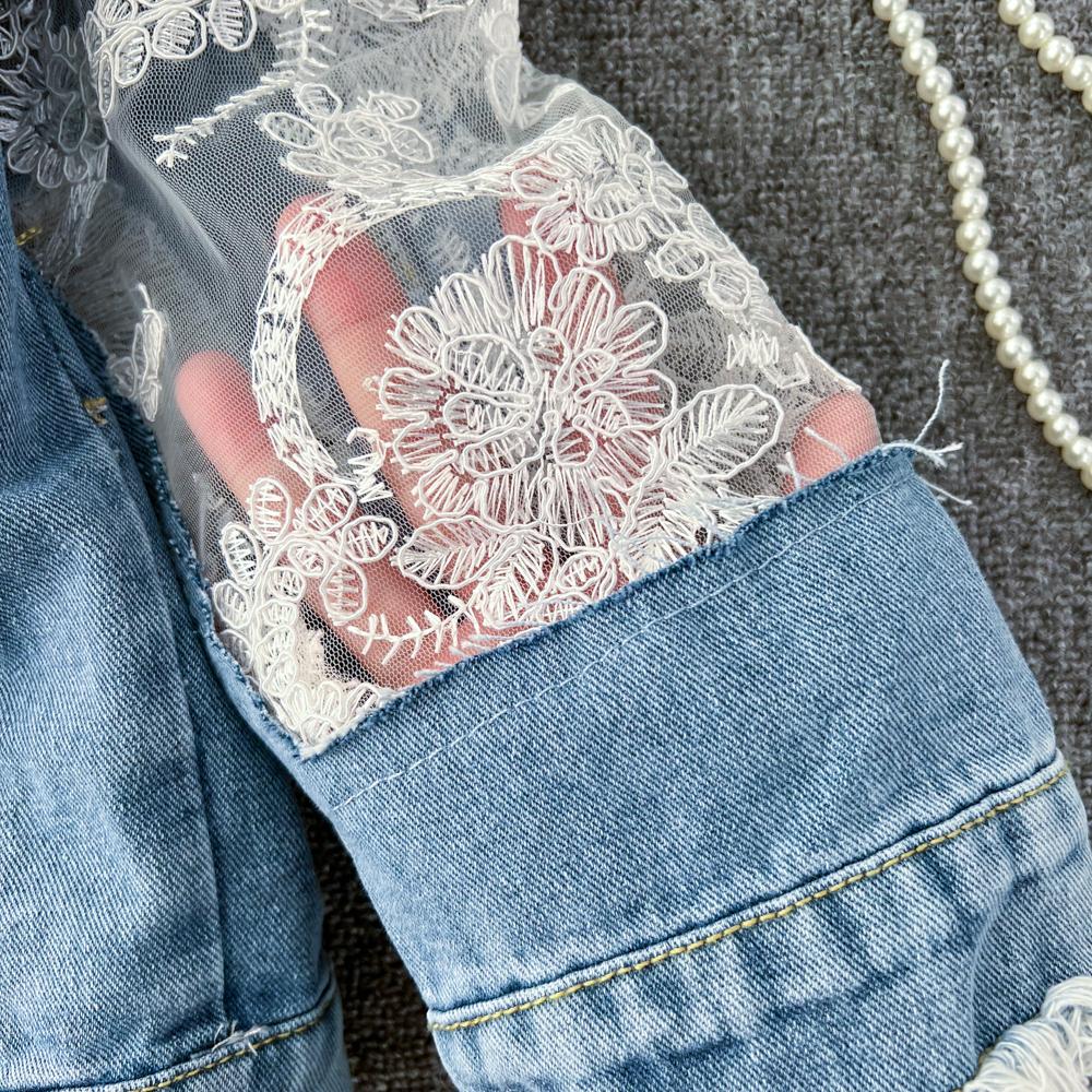 Весенне-осеннее женское джинсовое пальто с вышивкой и кружевом в стиле пэчворк, джинсовая куртка с отложным воротником, верхняя одежда