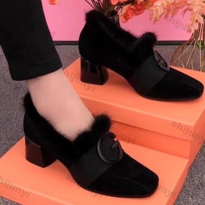 Модная женская обувь на высоком каблуке с квадратным носком, женские зимние ботильоны на толстом каблуке, замшевые ботинки с металлической пряжкой, хлопковая обувь, туфли-лодочки для платья