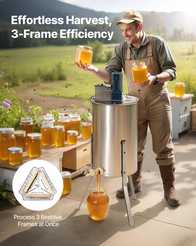VEVOR Electric Honey Extractor, 3 Frame Honey Spinner with Transparent Lid, 140W Stainless Steel Honeycomb Drum Spinner, Height Adjustable