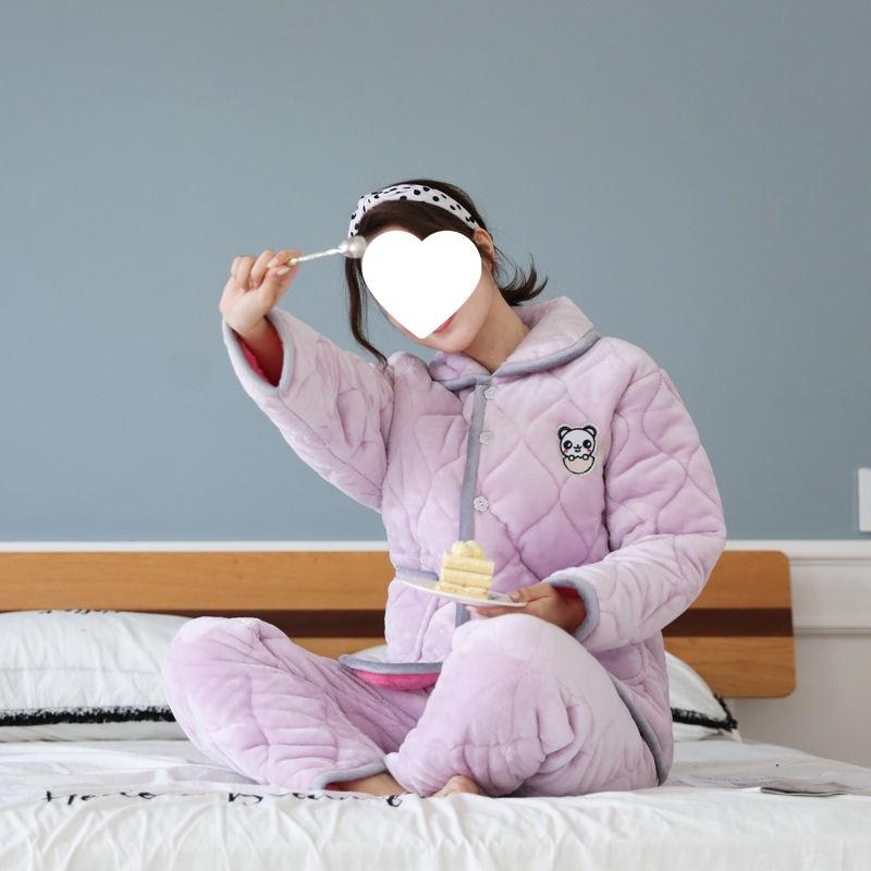 Пижама женская трехслойная утолщенная и милая зимняя можно носить больших размеров теплая стеганая домашняя одежда