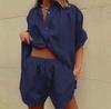 Летние женские костюмы, женские наряды, повседневные хлопковые однотонные комплекты, женская свободная рубашка с коротким рукавом, широкие шорты, комплект из двух предметов