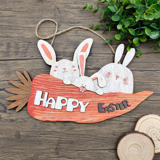 Easter Hanging Tag Pendant Cartoon Rabbit And Carrot Shape Hanging Colorfast Reusable Wooden Thick Anti-crack Porch Garden Door Decoration Sign