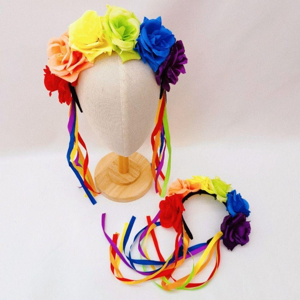Cute Rainbow Rose Hair Hoop Artificial Flowers Festive Party Hair Accessory  Birthday
