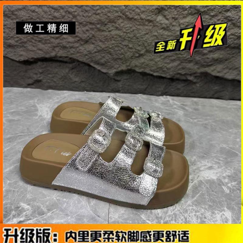 Leather stepping on shit feeling rhinestone belt buckle thick-bottomed beach one-word slippers women's 2025 summer wear one-foot cool slippers