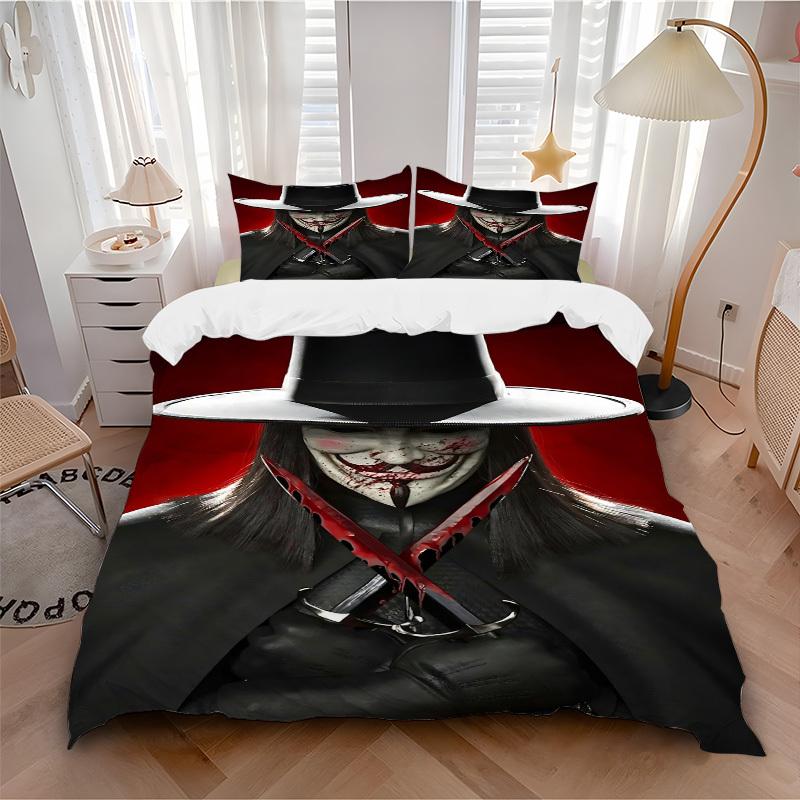 3pcs V for Vendetta Bedding Set, Soft Polyester Duvet Cover and Pillowcases Machine Washable Seasons all suitable & Guest Room Decor219