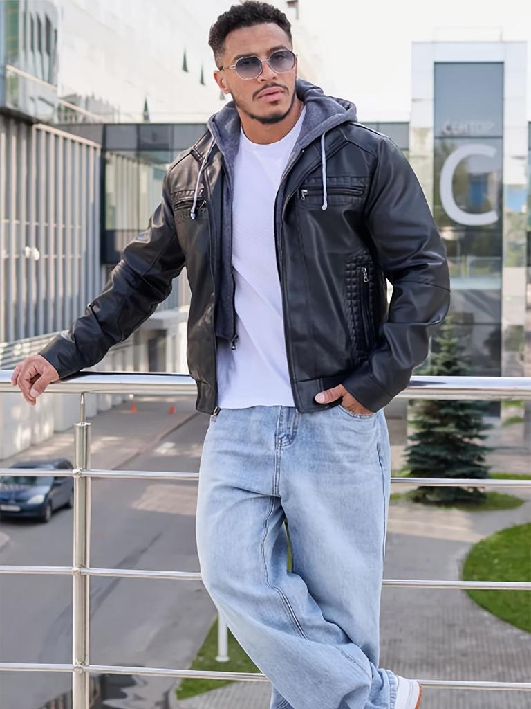 Мужская мотоциклетная куртка из искусственной кожи большого размера со съемным капюшоном и флисовой подкладкой - Европейский и американский тренд