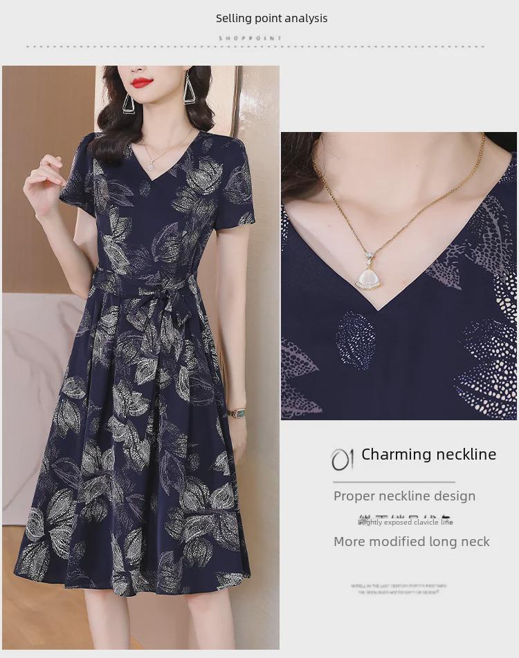 Платье миди из ледяного шелка с цветочным принтом в китайском стиле и V-образным вырезом - свободного кроя, большого размера для женщин