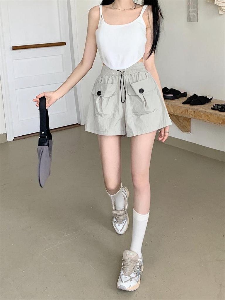 Summer 2024 Women's Gray High-Waisted Wide-Leg Casual Shorts with Double Pockets and Drawstring