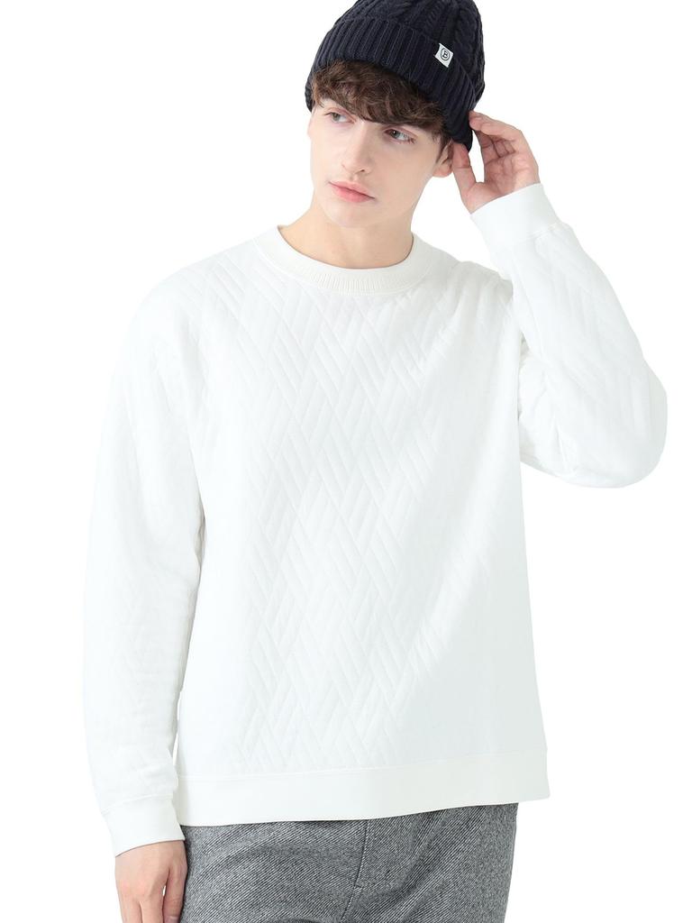 Beams Heart Men's Geometric Quilted Crew Neck Sweatshirt, White, Size L