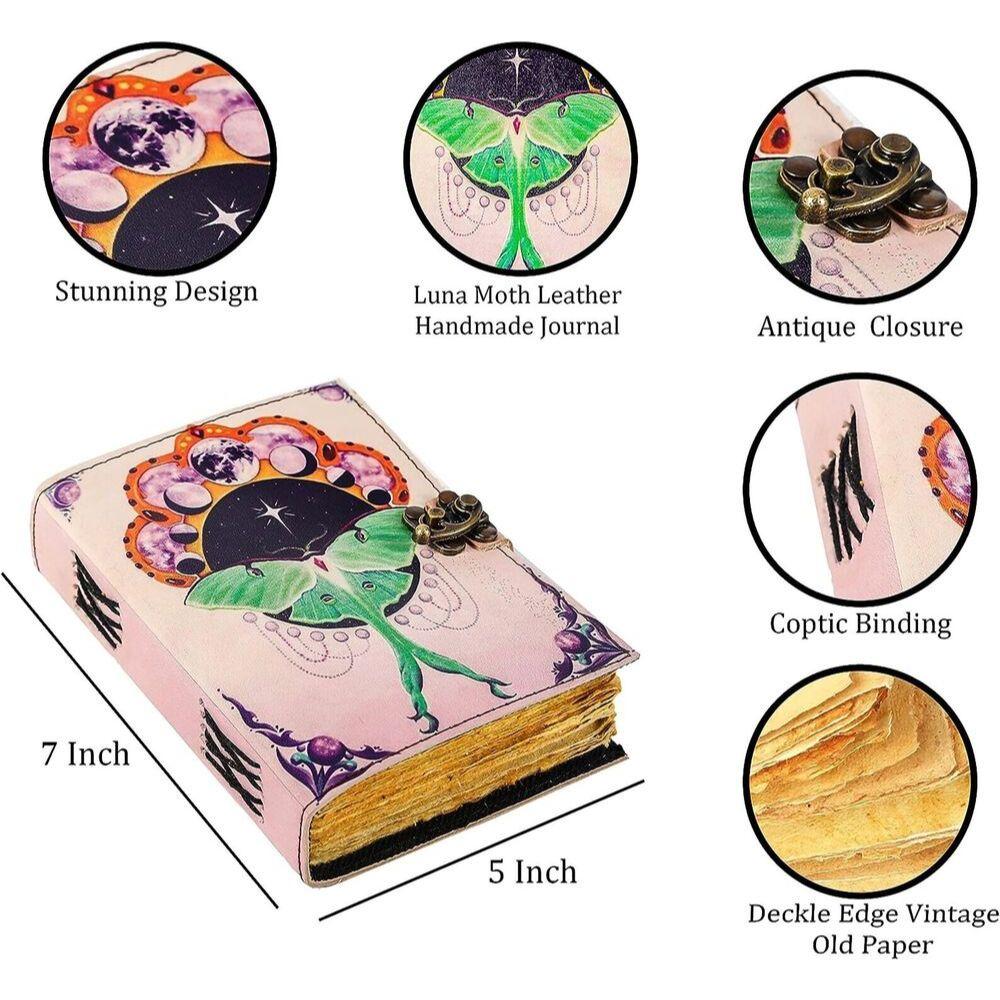 Spell Book of Shadows Vintage Leather Bound Journal Luna Moth Witch Antique Book