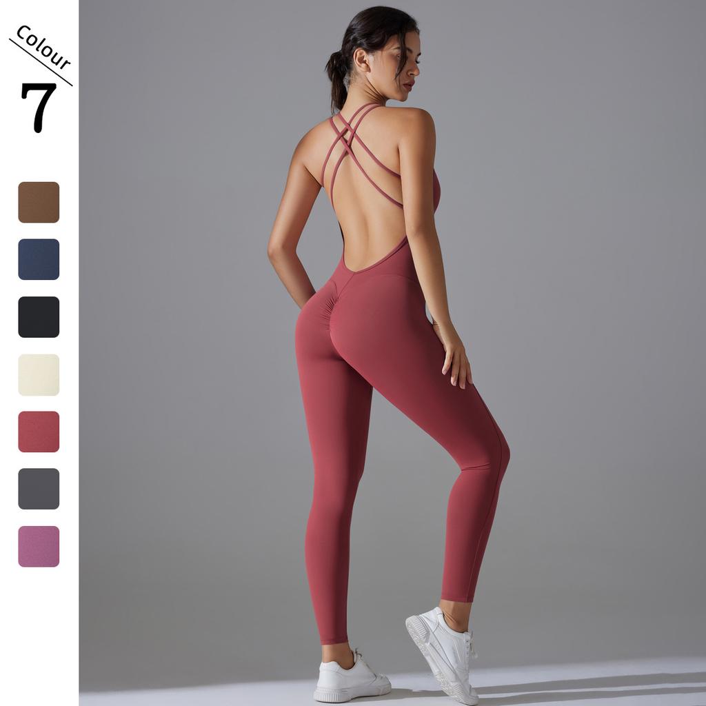 Nessaj One Piece Yoga Jumpsuits Women Solid Color Fitness Bodysuit Back Cross Playsuit Backless Yoga Rompers