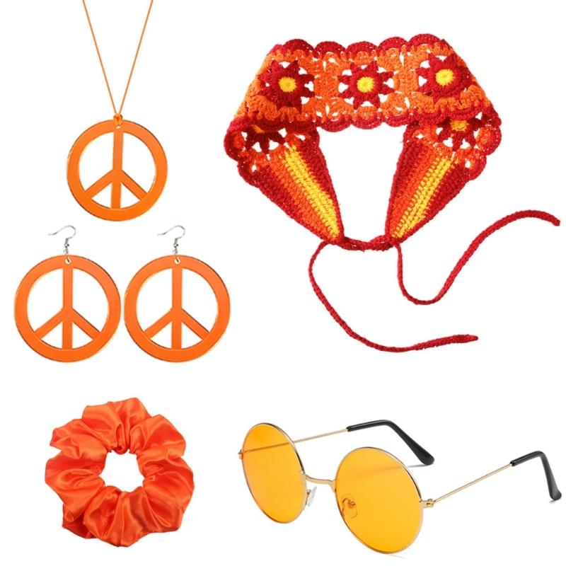 Хиппи Аксессуары 1970-х годов Вязаная повязка на голову Ожерелье Серьги Резинка для волос Очки для женщин Вечеринка в стиле 70-х 60-х