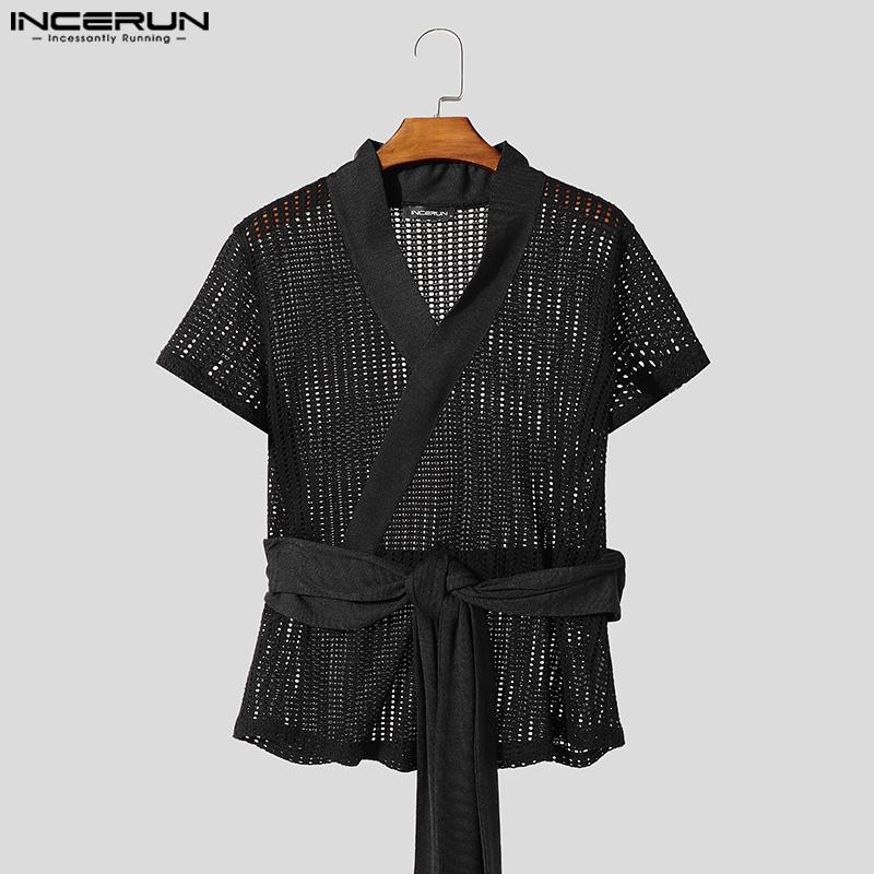 INCERUN Мужские пляжные футболки с V-образным вырезом и коротким рукавом, ажурной отделкой спереди и перекрестными повязками