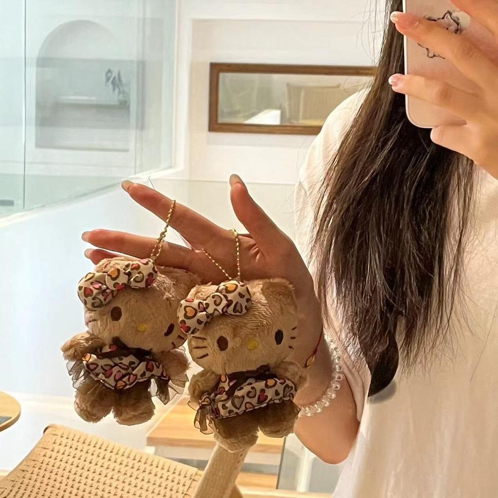 Hello Kitty Leopard Print Plush Toy Mascot Holder Pendant Key Ring Keychain Cute Character Merchandise [ZITION]