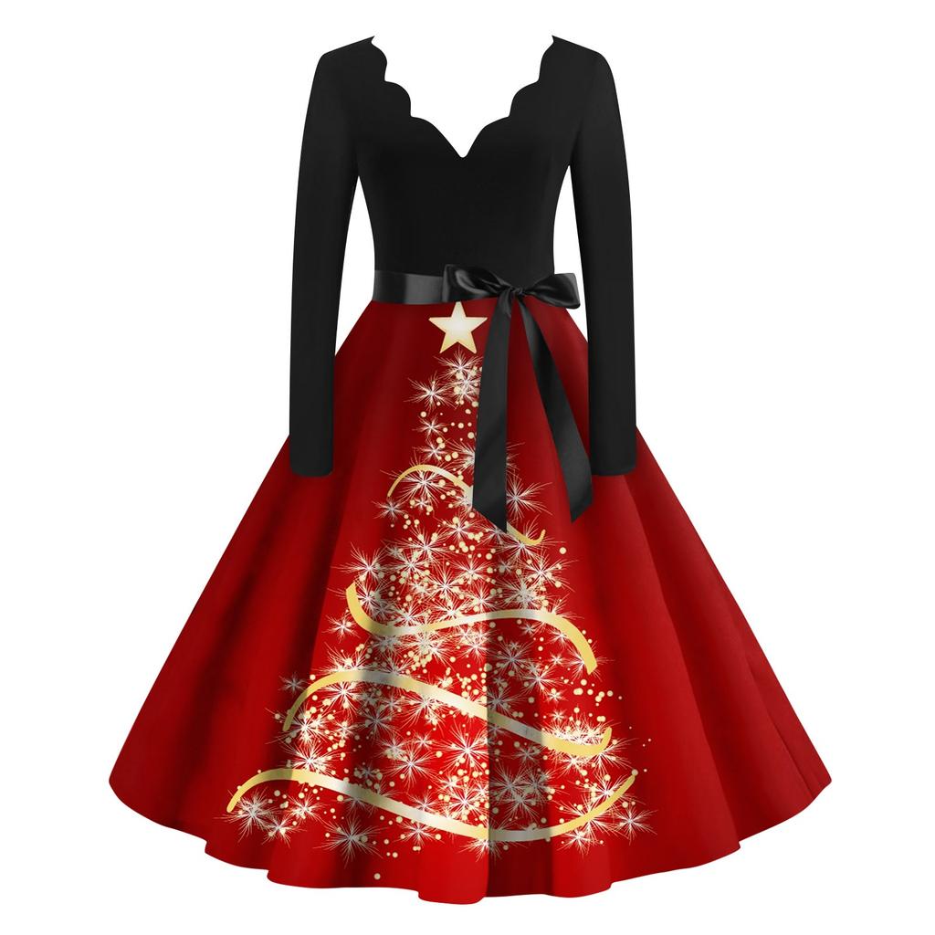 Рождественское платье с расклешенным принтом для женщин, платье с V-образным вырезом и длинными рукавами, повседневные платья