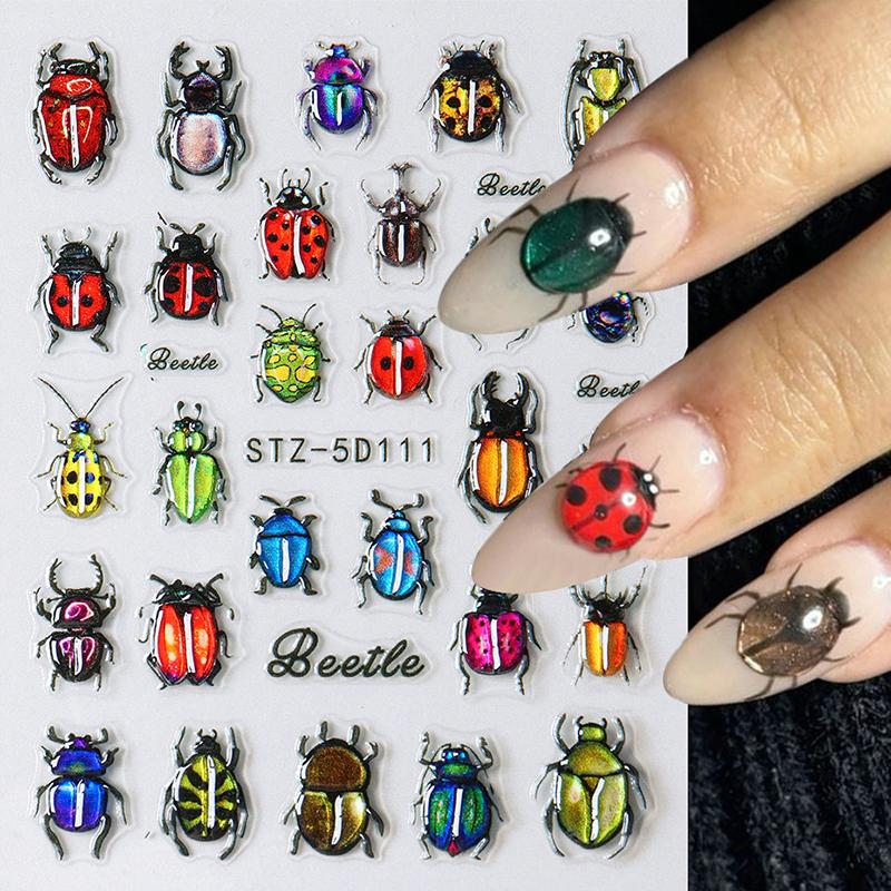 1 лист Y2K выгравированные летние маникюрные наклейки на ногти насекомые божья коровка цветок 5D самоклеящиеся украшения для ногтей