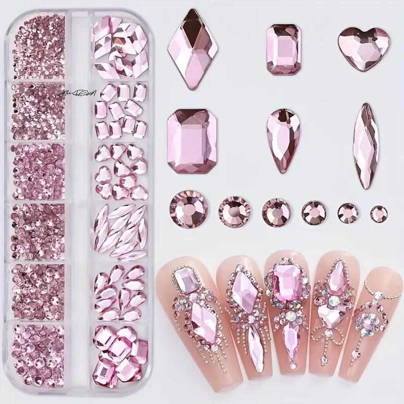 12-Grid 3D Nail Art Rhinestones Set Super-Shiny Flatback Adhesive Rhinestones for DIY Decorative Nail Art Multiple Shapes