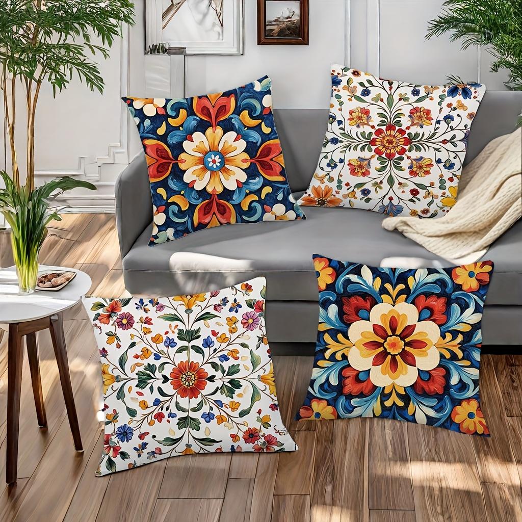 4Pcs Bohemian Floral Pattern Single-Sided Printing Short Plush Suitable For Living Rooms Bedrooms Sofas (Excluding Pillow Cores)