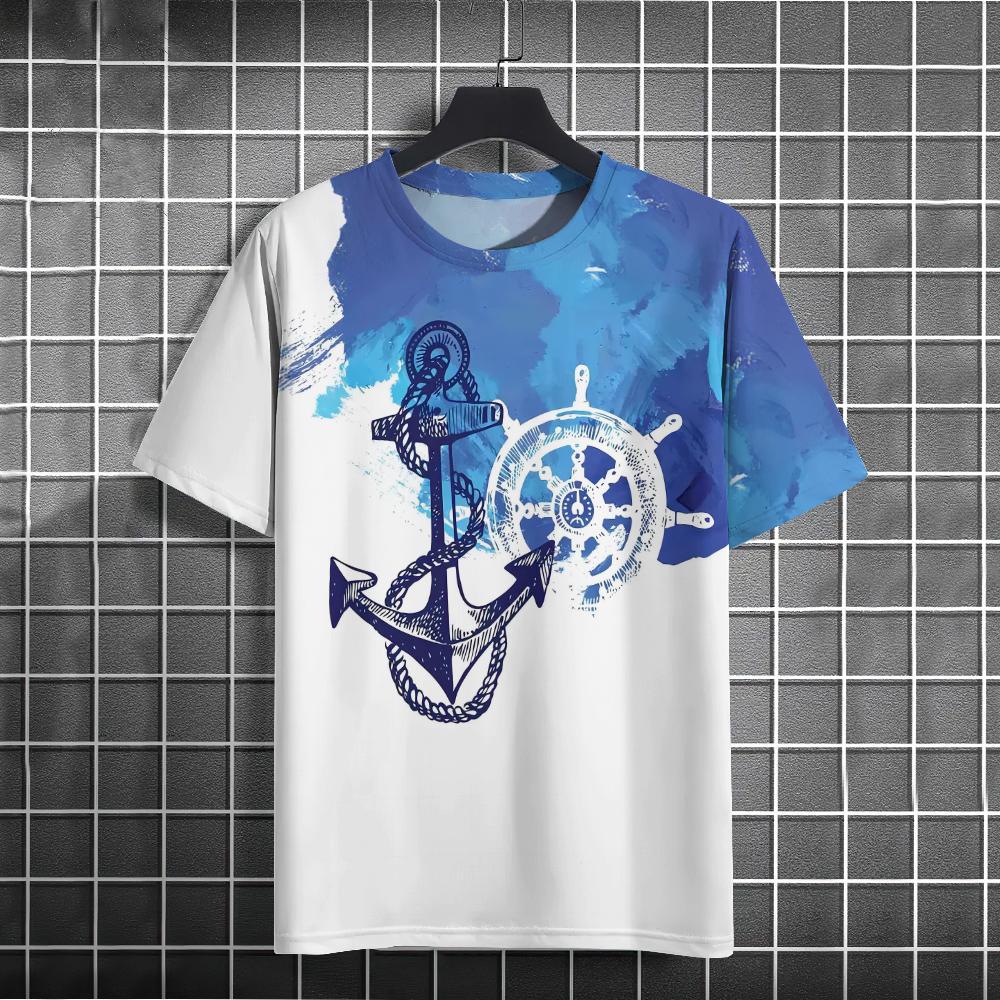 Мужская футболка в стиле ретро с 3d принтом «Якорь лодки» Футболки с короткими рукавами Топы с морским принтом Свободная футболка большого размера с коротким рукавом для мужчин
