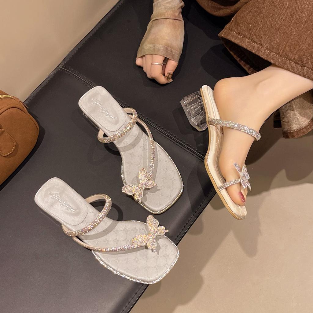 New Slippers Female Summer Wear French Butterfly Fairy Rhinestone 2025 Wind with Cool Slippers Skirt Cover Beautiful Toes