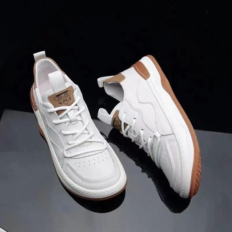 2024 Fashion Sneakers Mens White Shoes Genuine Leather Thick Sole Soft Cow Leather Flat Male Brand Black Footwear