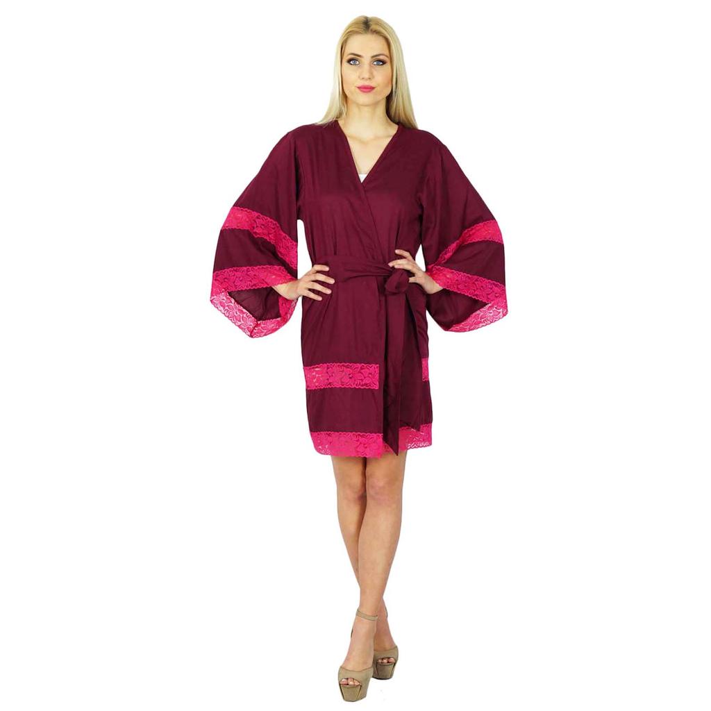 Bimba Women Rayon Kimono Sleeve Robe Bridesmaid Getting Ready Lace Coverup