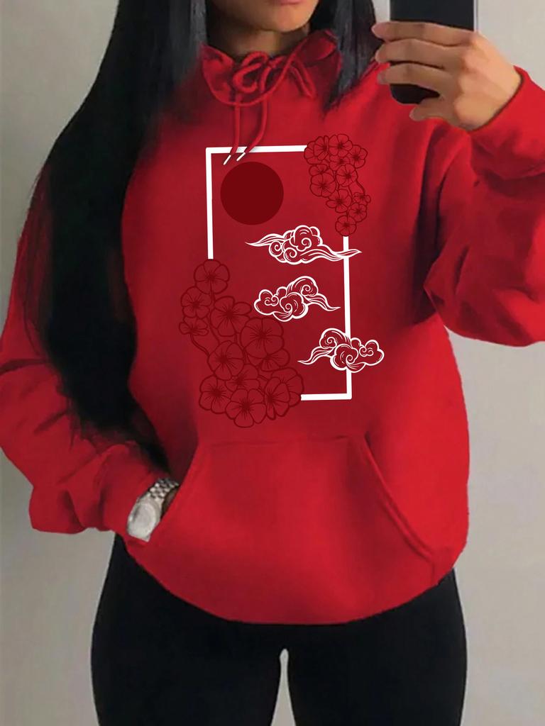 Harajuku Japanese Sunset Cherry Blossom Print Hoodie Women's Autumn Pocket Loose Clothing Casual Pullover Y2K Hoodie Women Top