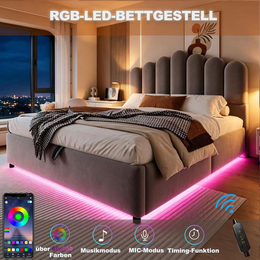 Upholstered Bed 140 × 200 cm With Hydraulic Storage, LED Light Strip, Unique and Comfortable Headboard, Stable Slatted Frame, Velvet Fabric Grey