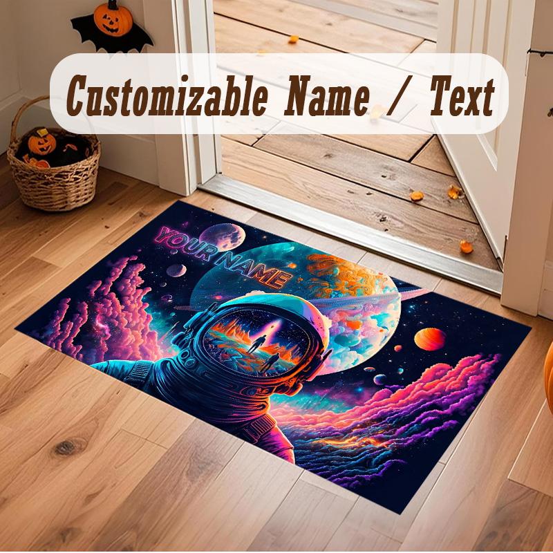 Astronaut Space Theme Soft Crystal Velvet Rug Custom Name & Text Print Non Slip Floor Rug for Bedroom Living Room