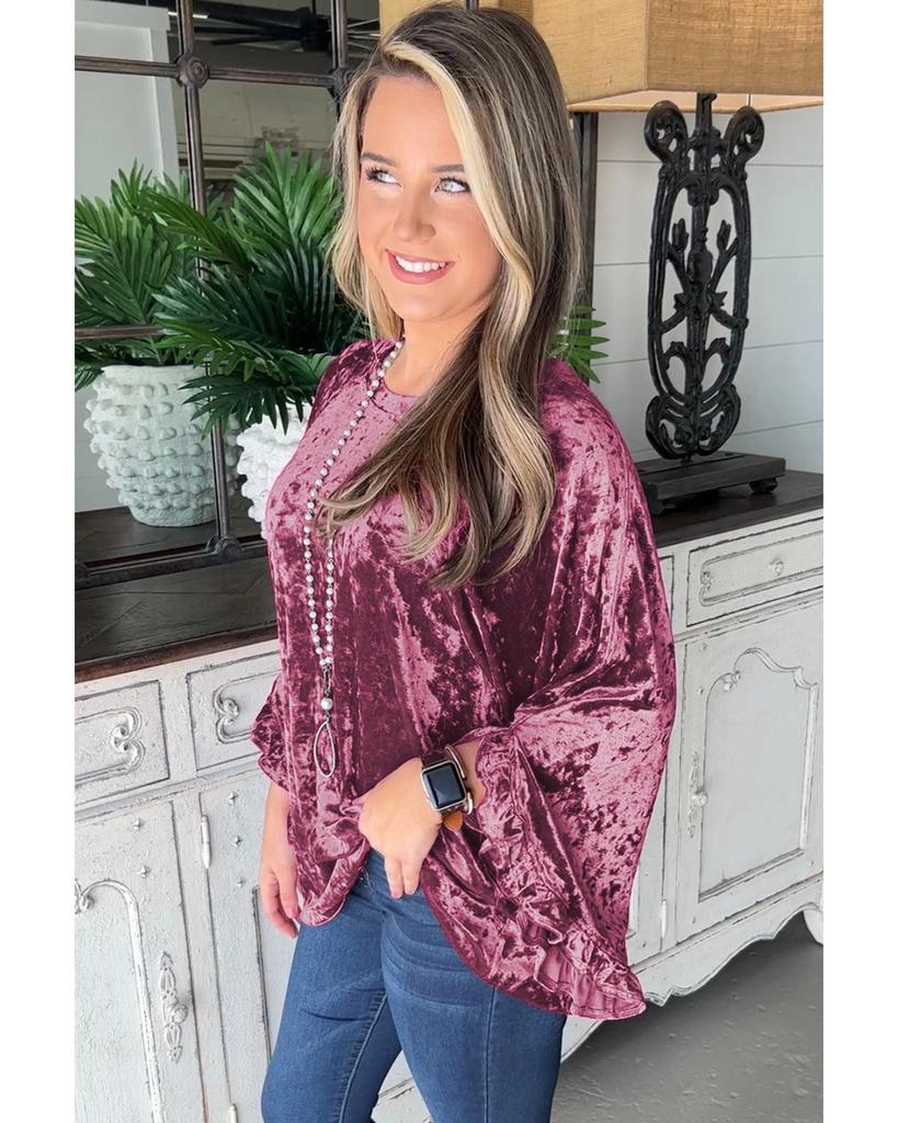 Azura Exchange Red Dahlia Velvet Pagoda Sleeve Crew Neck Top