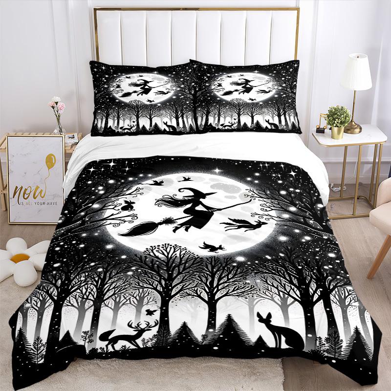 3pc Moonlit Witch Cover Set - 1 Quilt Cover + 2 Pillowcases, All Seasons Bedroom Setting, Perfect for Home010