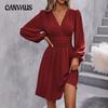 Autumn and Winter Women's Dress Slant Neck Lantern Sleeve Pleated Waist Dresses