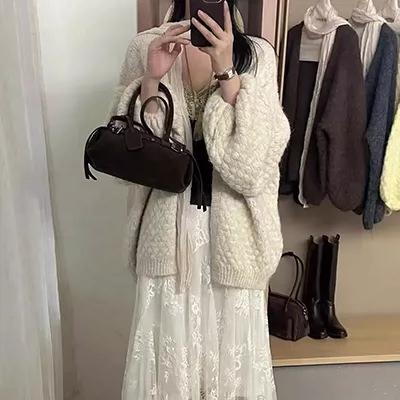 Женский вязаный кардиган из мохера, FLUFFYMO, С открытой передней частью, Свободный свитер с рукавами-фонариками